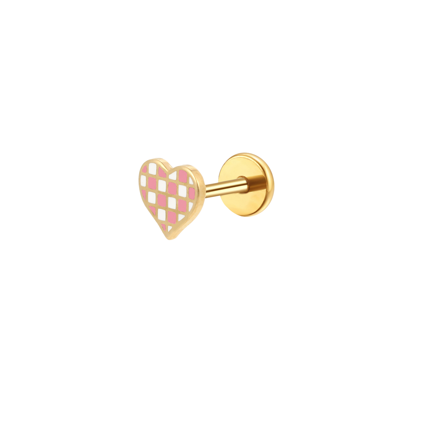 Pink Checkered Heart Enamel Flat Back Stud