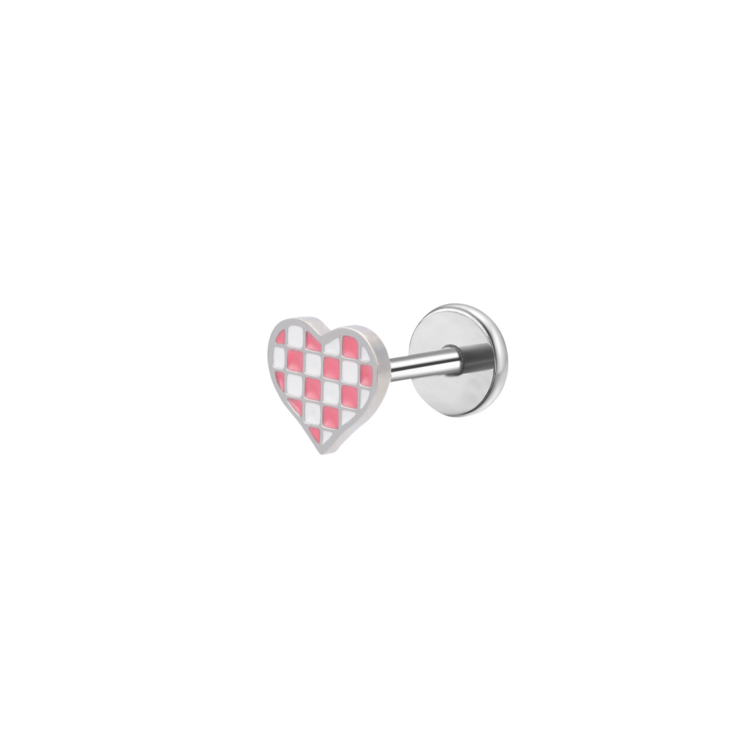 Pink Checkered Heart Enamel Flat Back Stud