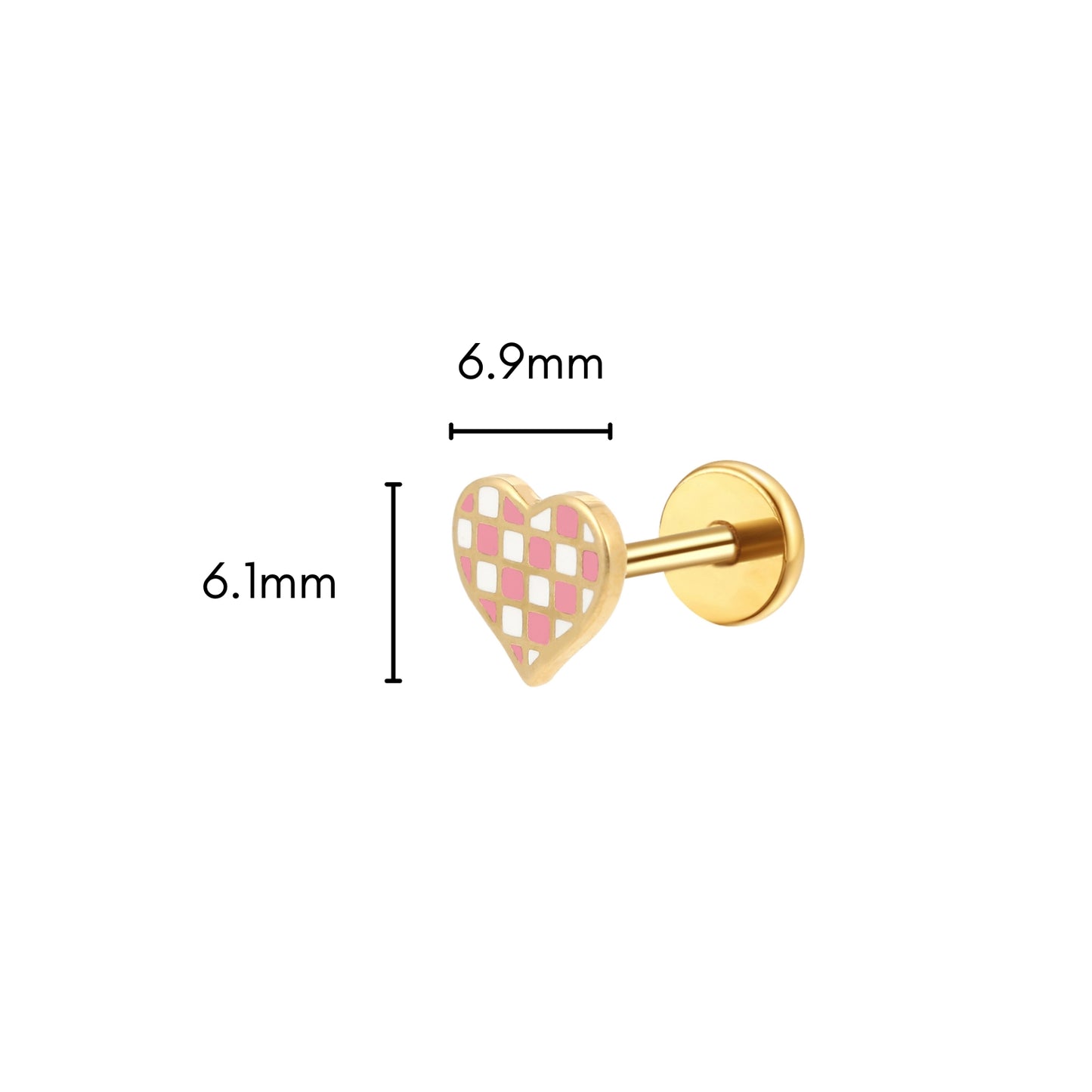 Pink Checkered Heart Enamel Flat Back Stud