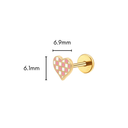 Pink Checkered Heart Enamel Flat Back Stud