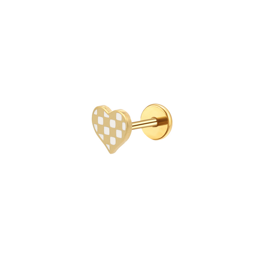 White Checkered Heart Enamel Flat Back Stud