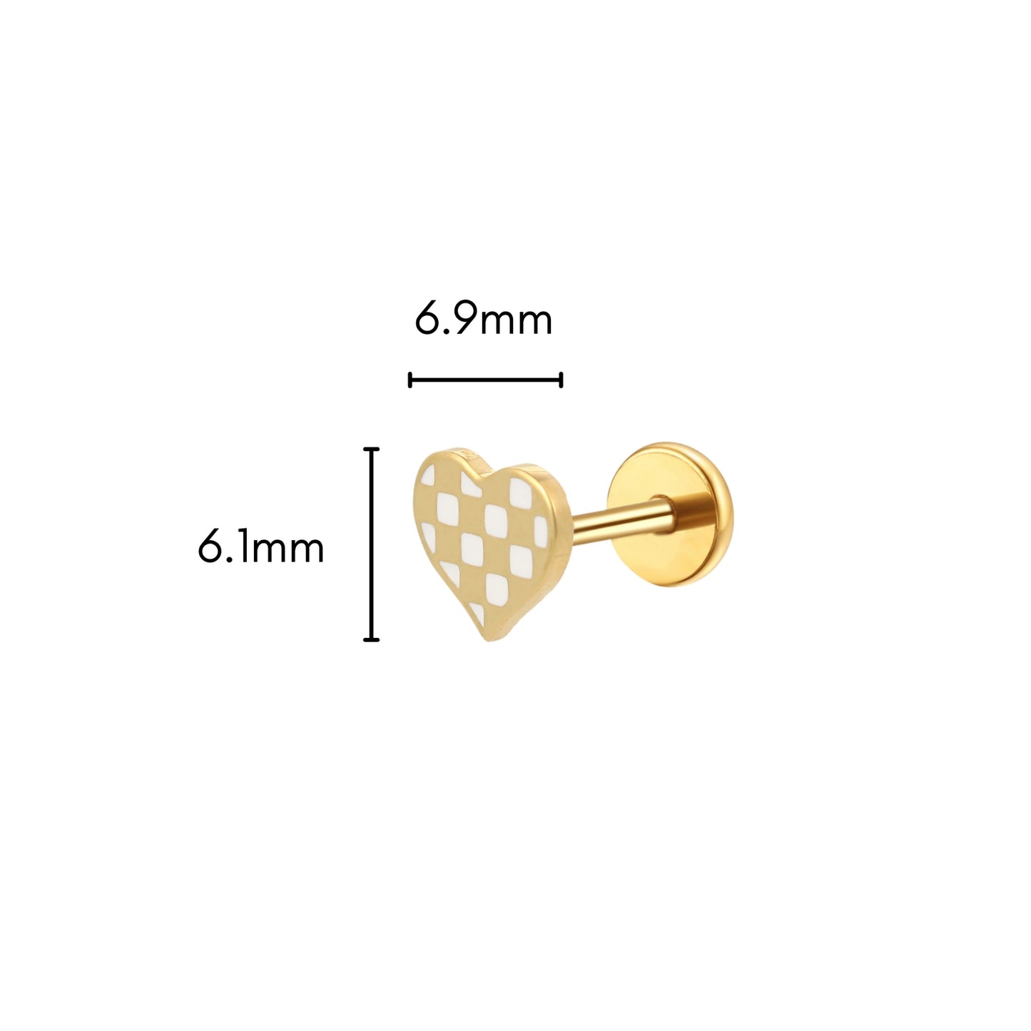 White Checkered Heart Enamel Flat Back Stud